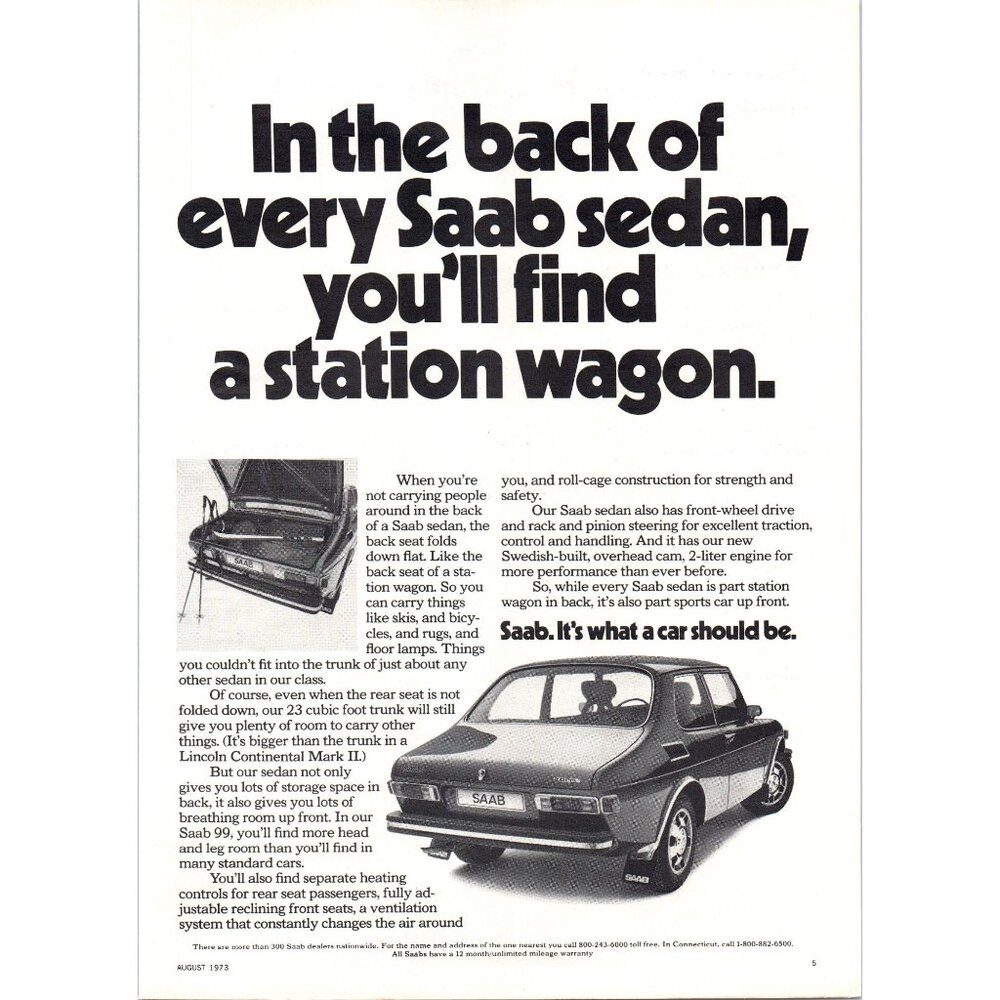 1973 Saab 2 Door Coupe Vintage Print Ad Alpine Snow Skis Winter 70s Wall Art